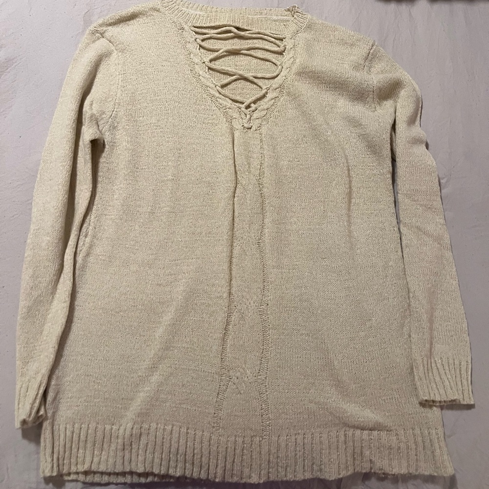 Cream Lace Up Sweater